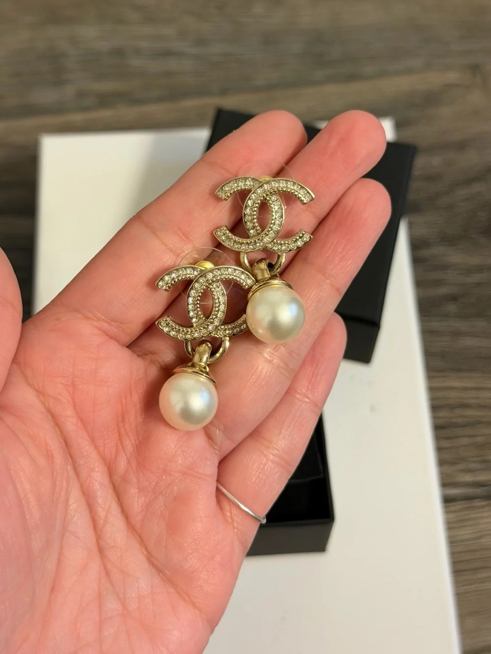 CHANEL Gold Crystal CC Pearl Drop Earrings